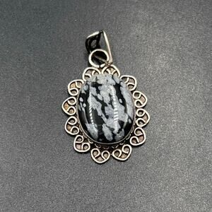 Black White Snowflake Obsidian and Sterling Silver For Balance Protect Pendant